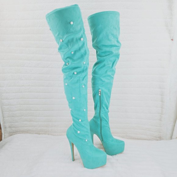 Mint Green Faux Stretch Suede Platform High Heel Thigh High Boots - Picture 11 of 16